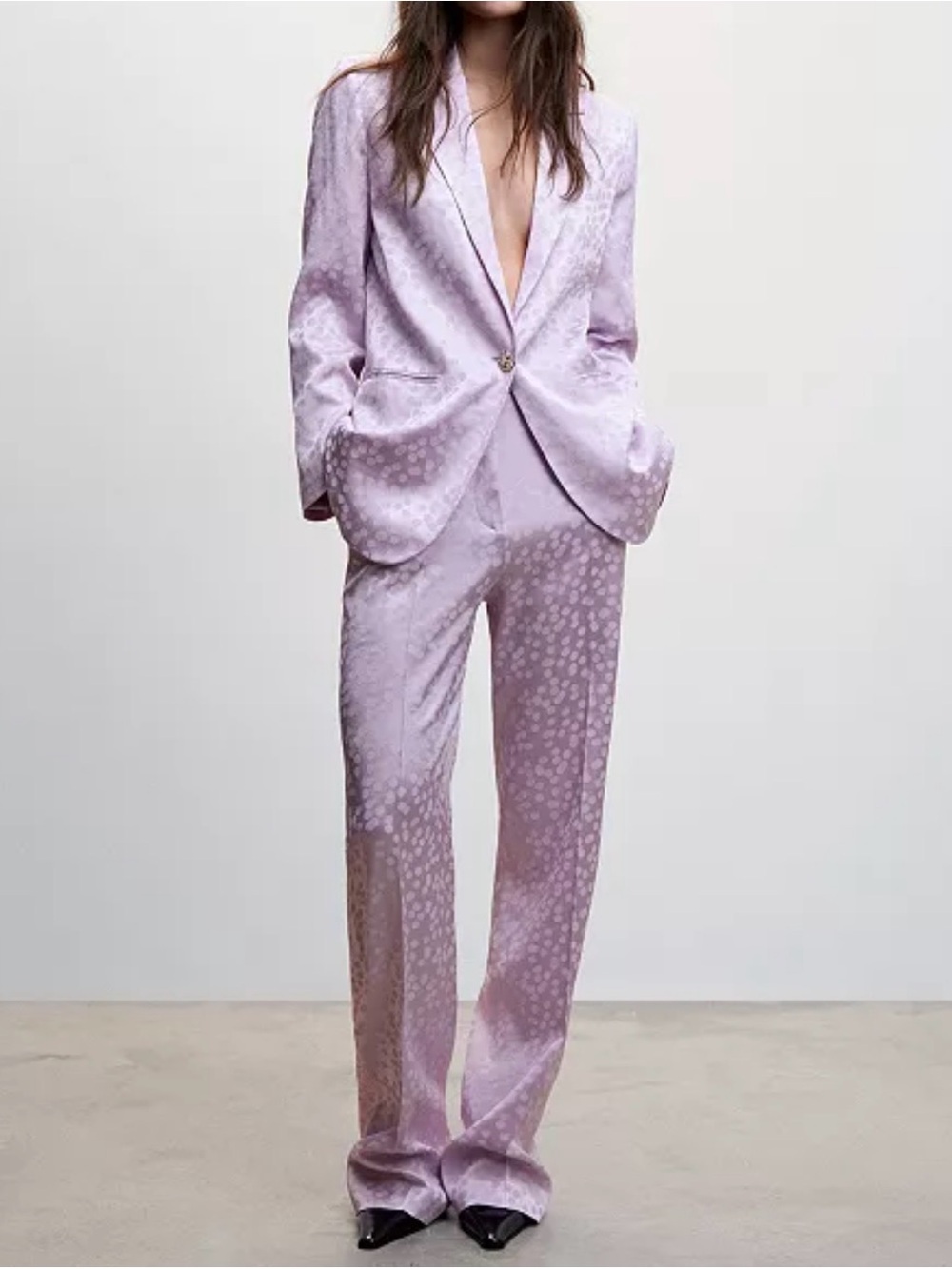 Mango Lilac Satin Jacquard Pantsuit Pants size 10 Blazer XL